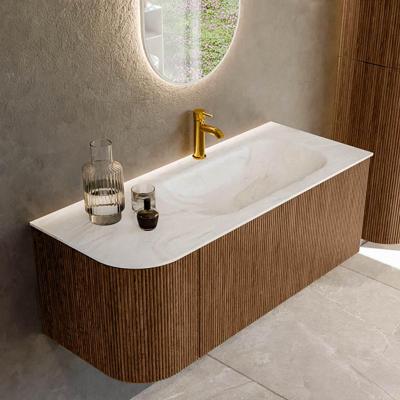 Mondiaz KURVE-DLUX 115 cm Onderkast Greeploos 1 Lade Met Deuren Walnut, Wastafel Solid Surface Rechts Ostra 1 Kraangat Zonder Spiegel (KRVBGS115L1L1D1KR-Wal/Ost)