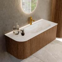 Mondiaz KURVE-DLUX 115 cm Onderkast Greeploos 1 Lade Met Deuren Walnut, Wastafel Solid Surface Rechts Ostra 1 Kraangat Zonder Spiegel (KRVBGS115L1L1D1KR-Wal/Ost) - thumbnail
