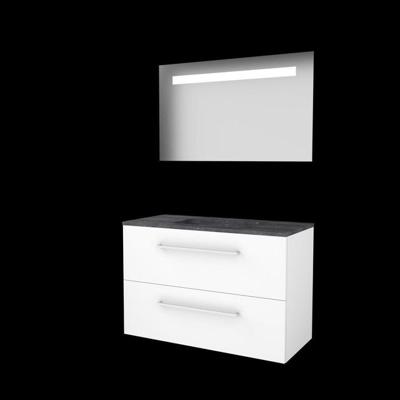 Basic-Line Economic 46 Badkamermeubelset - 100 x 46 cm - Met Grepen - 2 Lades - Hardstenen Wastafel - Zonder Kraangat - Spiegel met LED Verlichting - Ice White