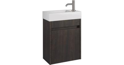 Saqu Florence voorgemonteerd fonteinmeubel in Kasteel bruin met mineraalmarmeren fontein en RVS kraan rechts