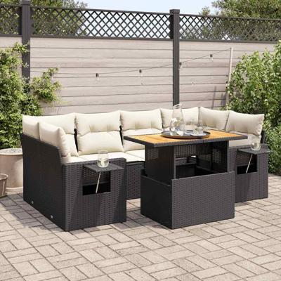 7-delige Loungeset met kussens poly rattan zwart 7-delige Loungeset met kussens poly rattan zwart