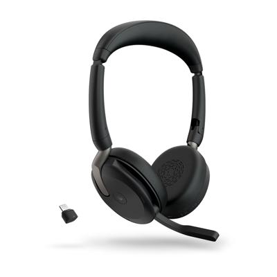 Jabra Evolve2 65 Flex Link380c MS On Ear headset Bluetooth Stereo Zwart Noise Cancelling Headset, Microfoon uitschakelbaar (mute), Volumeregeling, Inductie,