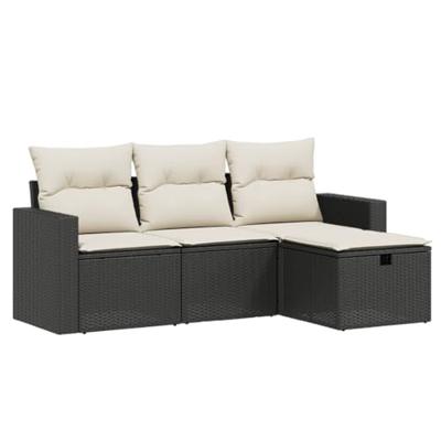 4-delige Loungeset met kussens poly rattan zwart