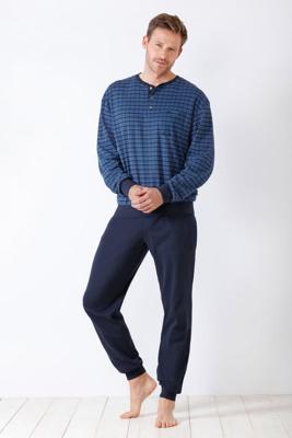 Blauwe warme herenpyjama Hajo grafisch patroon