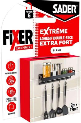 Extra sterke dubbelzijdige tape - SADER - Bevestigen zonder boren - Extreem - Geschikt voor binnengebruik - Draagvermogen tot 10 kg - Wit - 2 m x 19 mm