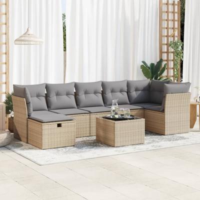7-delige Loungeset met kussens poly rattan beige