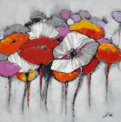 Schilderij -Handgeschilderd- Klaprozenveld - multikleur - 100x100cm