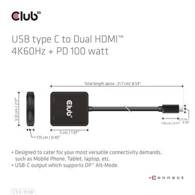 club3D CSV-1558 USB-C-displaykabel USB-C / HDMI Adapter USB-C stekker, HDMI-A-bus 15 cm Zwart