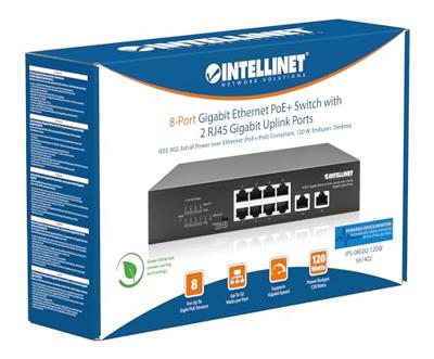 Intellinet 8-Port Gigabit Ethernet PoE+ Switch mit 2 RJ45 Gigabit Uplink-Ports 120W Netwerk switch 10 / 100 / 1000 MBit/s IEEE 802.3af (15.4 W), IEEE 802.3at Intellinet 8-Port Gigabit Ethernet PoE+ Switch mit 2 RJ45 Gigabit Uplink-Ports 120W Netwerk switch 10 / 100 / 1000 MBit/s IEEE 802.3af (15.4 W), IEEE 802.3at