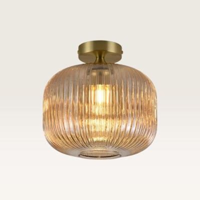 Plafondlamp Virello ambra - Lamp voor binnen, gemaakt van geribbeld amberkleurig glas en goud metaal - Zonder lichtbron