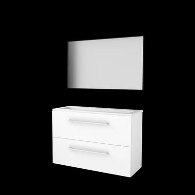 Basic-Line Framed 39 Badkamermeubelset - Ondiep - 100 x 39 cm - Met Grepen - 2 Lades - Acryl Wastafel - Zonder Kraangat - Spiegel met Zwart Aluminium Frame - Ice White