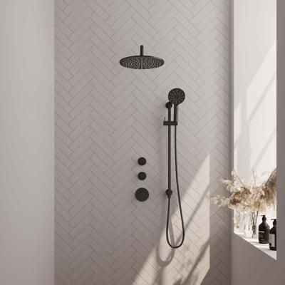 Black Carving thermostatische inbouw regendouche SET 22 - 30 cm douchekop en gebogen muurarm - 3-standen handdouche - doucheslang - geïntegreerde glijstang mat zwart