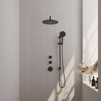 Black Carving thermostatische inbouw regendouche SET 22 - 30 cm douchekop en gebogen muurarm - 3-standen handdouche - doucheslang - geïntegreerde glijstang mat zwart - thumbnail