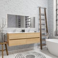Zaro Valencia Solid Surface badmeubel 150cm licht eiken 2 kraangaten dubbele spoelbak met 4 lades - thumbnail