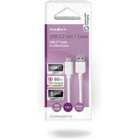 Nedis USB-Kabel | USB 3.2 Gen 1 | USB-A Male | USB-C Male | 60 W | 5 Gbps | Vernikkeld | 1.00 m | Rond | PVC | Wit | Doos - CCGW61600WT10 Nedis USB-Kabel | USB 3.2 Gen 1 | USB-A Male | USB-C Male | 60 W | 5 Gbps | Vernikkeld | 1.00 m | Rond | PVC | Wit | Doos - CCGW61600WT10
