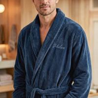 Heren badjas borduren - Donkerblauw - L/XL - thumbnail