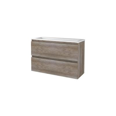 Basic-Line Start 39 Badkamermeubelset - Ondiep - 100 x 39 cm - Greeploos - 2 Lades - Acryl Wastafel - Zonder Kraangat - Scotch Oak
