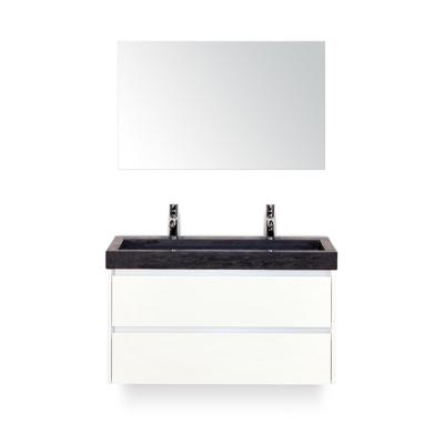 Dante Badmeubelset 100 cm - Wit Hoogglans - Wastafel Hardsteen Wit Lucca 2 kraangaten - met Spiegel