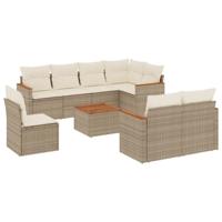 9-delige Loungeset met kussens poly rattan beige - thumbnail
