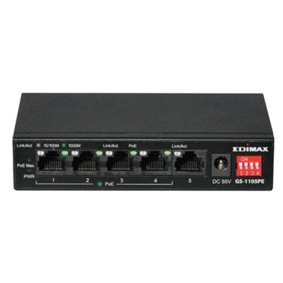 Edimax 5-poorts Gigabit PoE+ schakelaar met lange reikwijdte, 4 PoE+ poorten en DIP-schakelaar - GS-1105PE