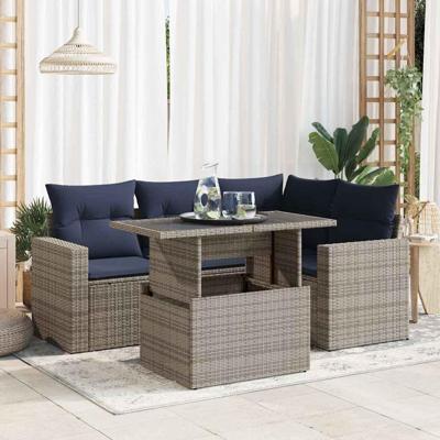 5-delige Loungeset met kussens poly rattan acacia grijs 5-delige Loungeset met kussens poly rattan acacia grijs