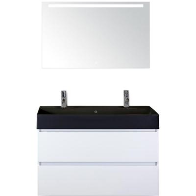Maxx XL Badmeubelset 100 cm - Wit Hoogglans - Wastafel Kube Zwart 2 Kraangaten met LED Spiegel