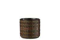 J-Line Bloempot Streep Keramiek Zwart|Bruin Medium - thumbnail