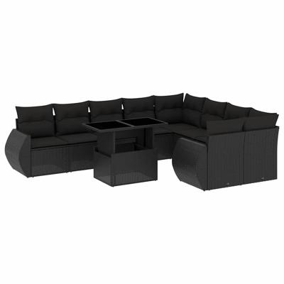10-delige Loungeset met kussens poly rattan zwart - thumbnail