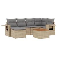 7-delige Loungeset met kussens poly rattan gemengd beige - thumbnail