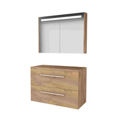 Basic-Line Premium 46 Badkamermeubelset - 100 x 46 cm - Met Grepen - 2 Lades - Wastafelblad - Spiegelkast met LED Verlichting - Whisky Oak