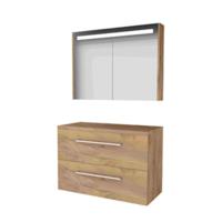 Basic-Line Premium 46 Badkamermeubelset - 100 x 46 cm - Met Grepen - 2 Lades - Wastafelblad - Spiegelkast met LED Verlichting - Whisky Oak - thumbnail