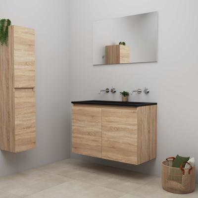 On-Line Badkamermeubelset - 100 cm - Bouwpakket - Greeploze Ladestructuur - Acryl Wastafel - zonder Kraangat - Spiegel - Eiken