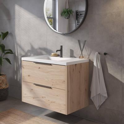 Saqu Lima badmeubel incl. mat witte wastafel 80x52x64cm naturel eiken - mat zwarte greep