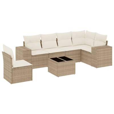 7-delige Loungeset met kussens poly rattan beige