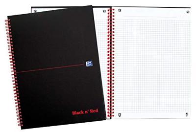 Oxford BLACK N&apos; RED spiraalblok karton, 140 bladzijden ft A4, geruit 5 mm