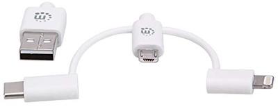 Manhattan 353434 3-in-1 oplaadkabel: Lightning/Micro USB/USB Type C USB Type C USB Type A stekker naar Lightning, USB Micro-B en USB Type C stekker 1 m wit
