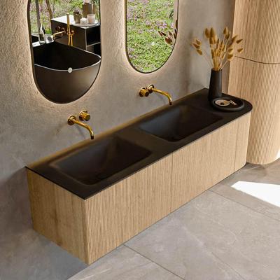 Mondiaz KURVE 155 cm Onderkast Greeploos 2 Lades Met Deuren Oak, Wastafel Solid Surface Links Urban 0 Kraangaten Zonder Spiegel (KRVCLO155R2L1D0KD-Oak/Urb)