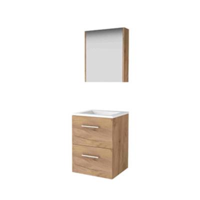 Basic-Line Comfort 46 Badkamermeubelset - 50 x 46 cm - Met Grepen - 2 Lades - Acryl Wastafel - Zonder Kraangat - Spiegelkast - Whisky Oak