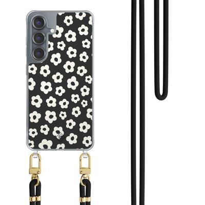 Samsung Galaxy S25 hoesje met zwart koord - Retro bloempjes Samsung Galaxy S25 hoesje met zwart koord - Retro bloempjes