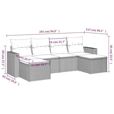 6-delige Loungeset met kussens poly rattan zwart