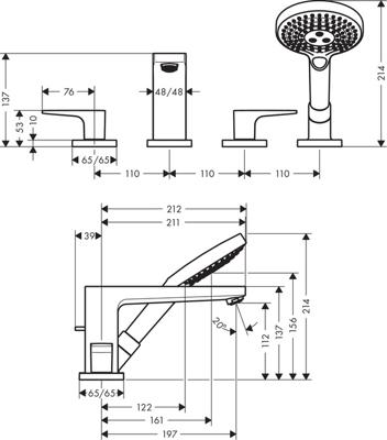 Hansgrohe Metropol 4-gats badrandmengkraan afbouwdeel met rechte greep, voor Secuflex, chroom Hansgrohe Metropol 4-gats badrandmengkraan afbouwdeel met rechte greep, voor Secuflex, chroom