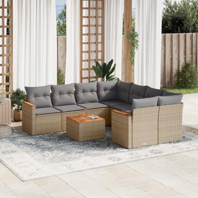 9-delige Loungeset met kussens poly rattan gemengd beige