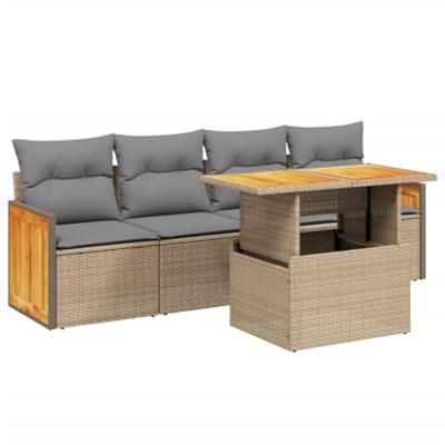 5-delige Loungeset met kussens poly rattan beige