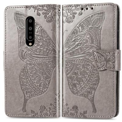 Butterfly Love bloemen reliëf horizontale Flip lederen case voor OnePlus 7 Pro met houder & kaartsleuven & portemonnee & Lanyard (grijs)