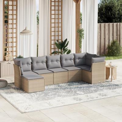 7-delige Loungeset met kussens poly rattan gemengd beige