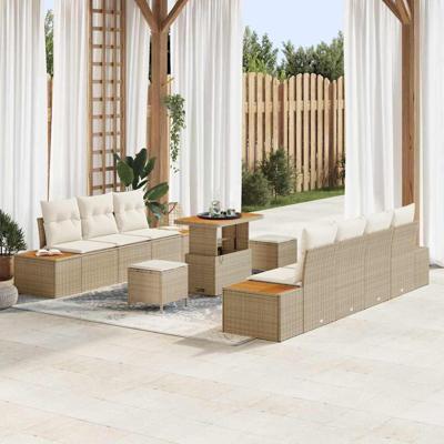 10-delige tuinset met kussens in beige van poly rattan en acacia