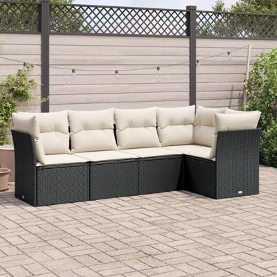 5-delige Loungeset met kussens poly rattan zwart - thumbnail