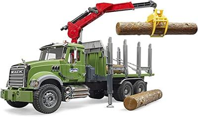 Bruder Mack Granite houttransportwagen met kraan en 3 boomstammen