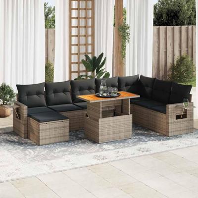 9-delige Loungeset met kussens poly rattan grijs