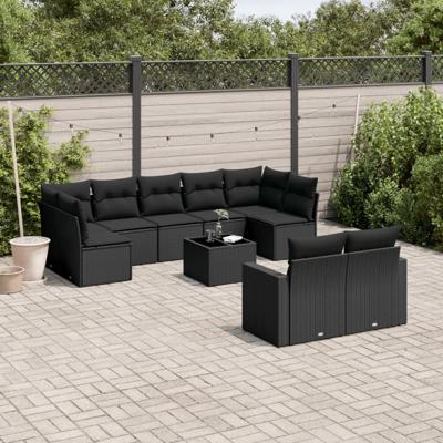 10-delige Loungeset met kussens poly rattan zwart - thumbnail